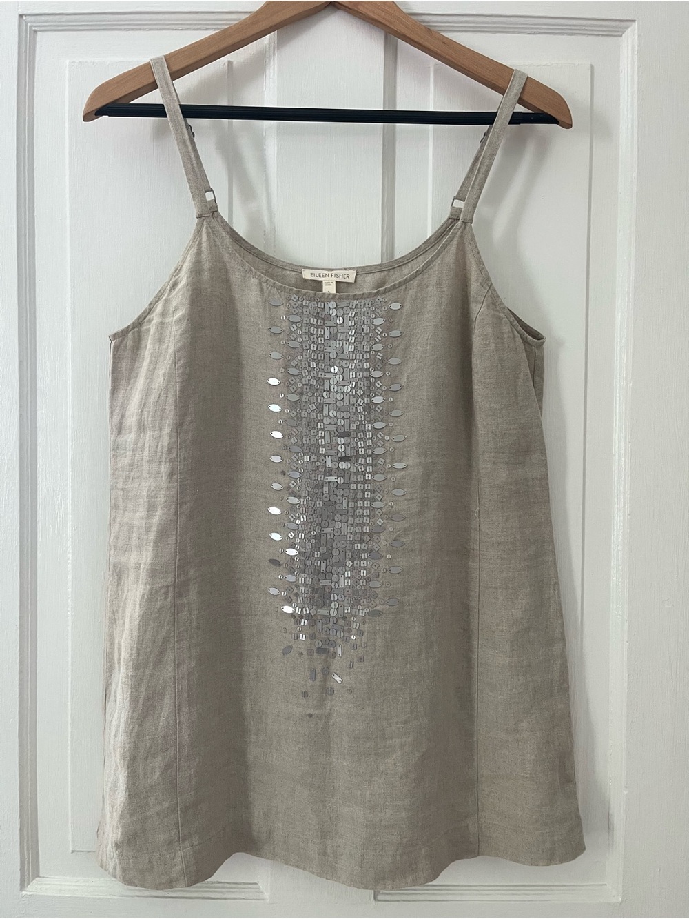 EILEEN FISHER 100% Organic Linen Silver Sequin Tank Top in Natural Linen Color
